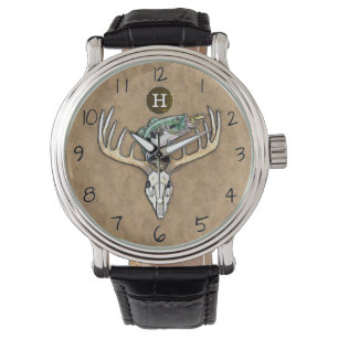 Bass Jumping over Big Rack Deer Skull Monogram Watch