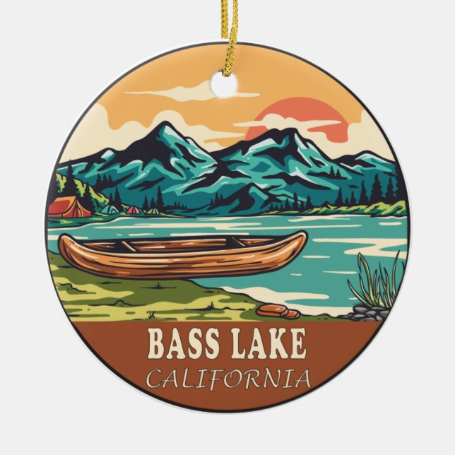 Bass Lake California Boating Fishing Emblem Ceramic Tree Decoration (Front)