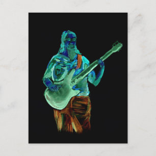 Bass player, done in neon colours on black back postcard