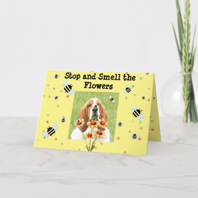 Basset Birthday Card -"Stop And Smell The Flowers" (Front)