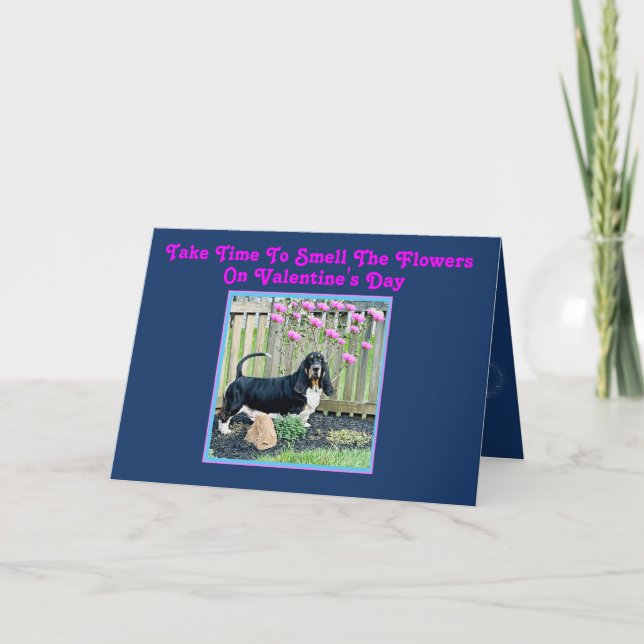 Basset & Flowers on Funny Valentine's Day Card (Front)