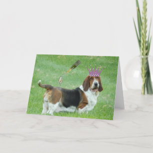 Basset Greeting Card with Champagne and Necklace