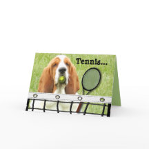 Basset Greeting Card with Tennis Racket and Ball