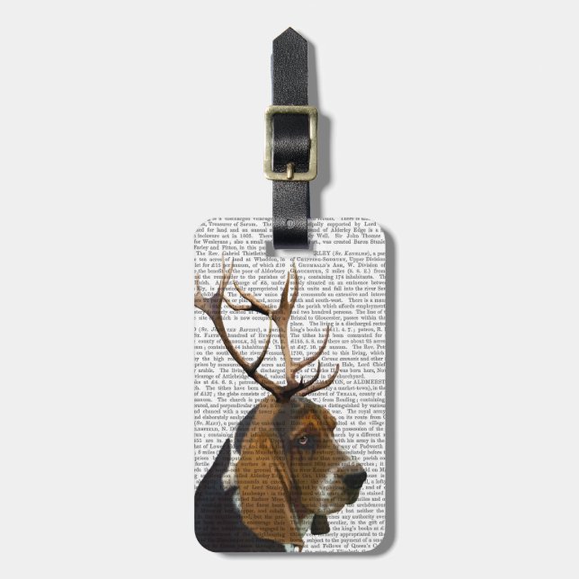 Basset Hound and Antlers Luggage Tag (Front Vertical)