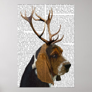 Basset Hound and Antlers Poster