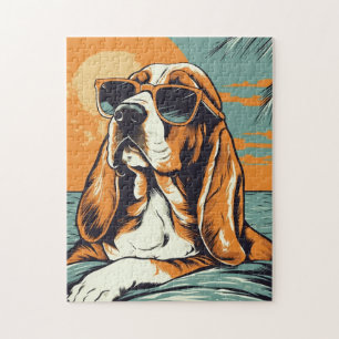 Basset Hound at a tropical beach during sunset Jigsaw Puzzle