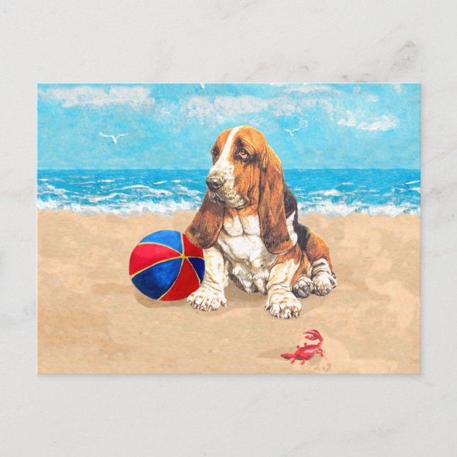 Basset Hound at the Beach Postcard (Front)