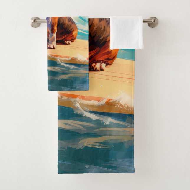 Basset Hound Beach Surfing Painting Bath Towel Set (Insitu)