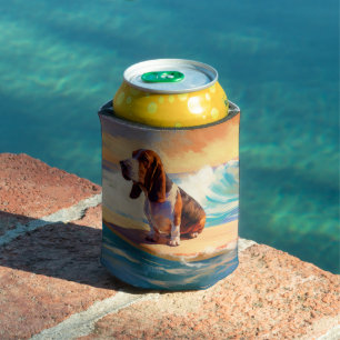 Basset Hound Beach Surfing Painting Can Cooler