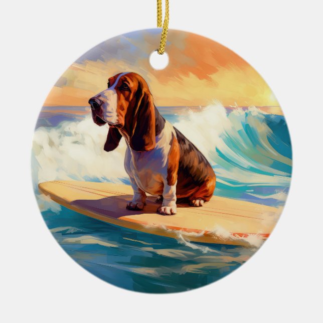 Basset Hound Beach Surfing Painting Ceramic Tree Decoration (Front)