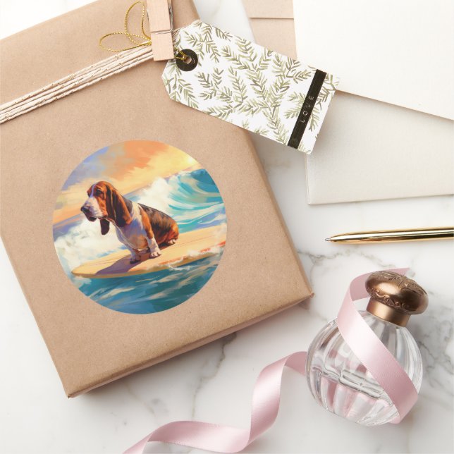 Basset Hound Beach Surfing Painting Classic Round Sticker (Gifting)