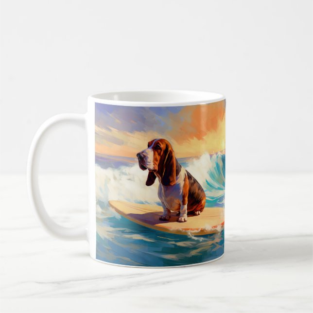 Basset Hound Beach Surfing Painting Coffee Mug (Left)