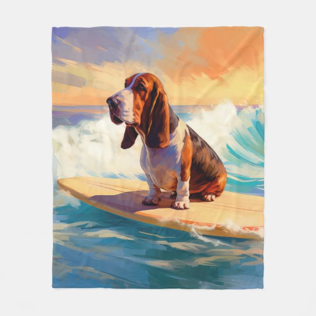 Basset Hound Beach Surfing Painting Fleece Blanket (Front)
