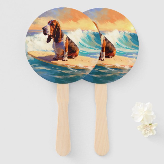 Basset Hound Beach Surfing Painting Hand Fan (Front and Back)