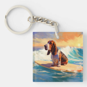 Basset Hound Beach Surfing Painting Key Ring