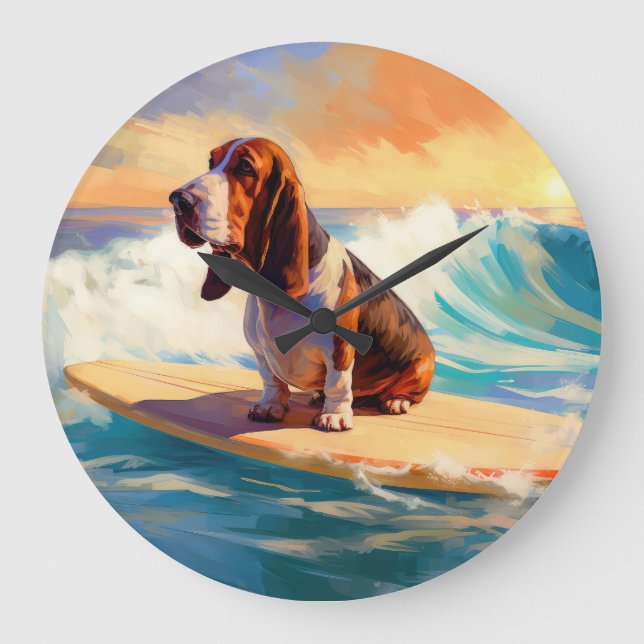 Basset Hound Beach Surfing Painting Large Clock (Front)