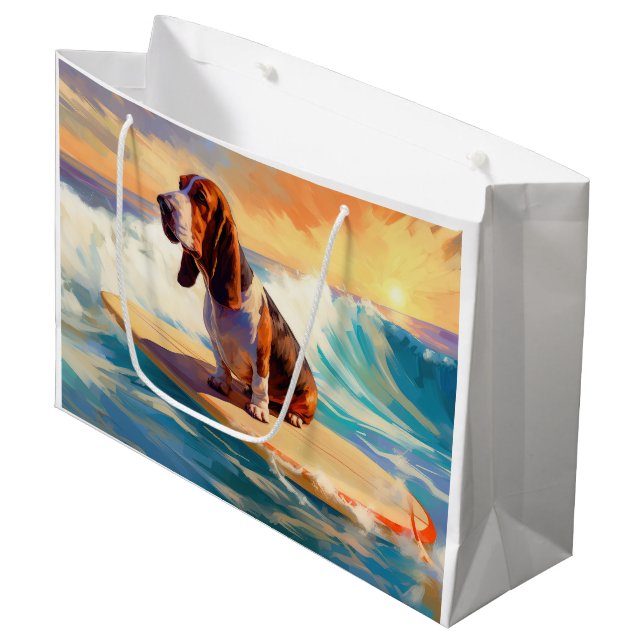 Basset Hound Beach Surfing Painting Large Gift Bag (Front Angled)