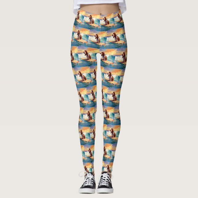 Basset Hound Beach Surfing Painting Leggings (Front)