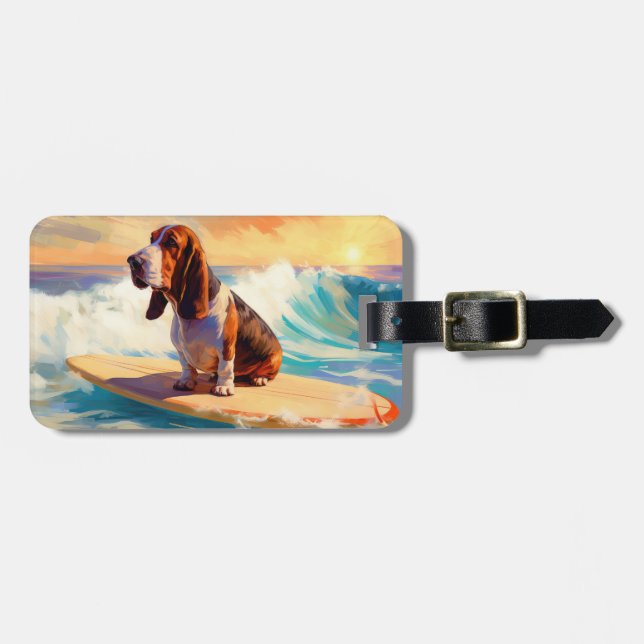 Basset Hound Beach Surfing Painting Luggage Tag (Front Horizontal)