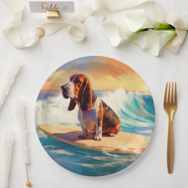 Basset Hound Beach Surfing Painting Paper Plate (Wedding)