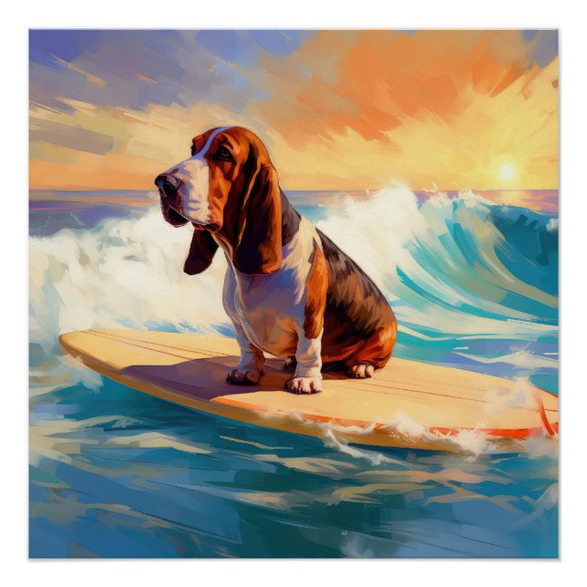 Basset Hound Beach Surfing Painting Poster (Front)