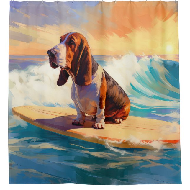 Basset Hound Beach Surfing Painting Shower Curtain (Front)