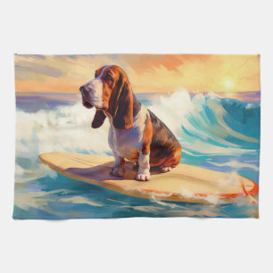 Basset Hound Beach Surfing Painting Tea Towel