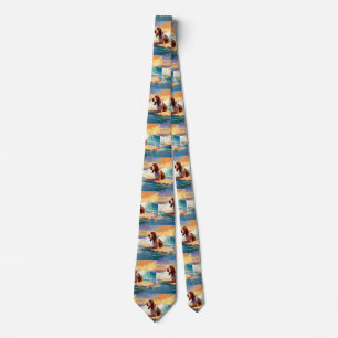 Basset Hound Beach Surfing Painting Tie