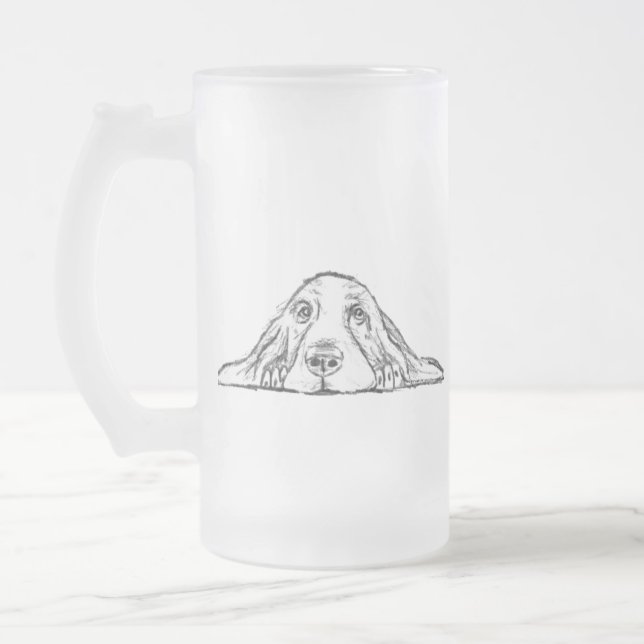 basset hound black white simple puppy dog eyes  frosted glass beer mug (Left)