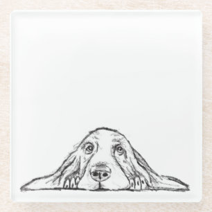 basset hound black white simple puppy dog eyes  glass coaster
