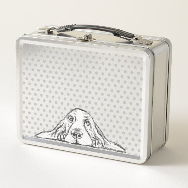 basset hound black white simple puppy dog eyes  metal lunch box (Front)