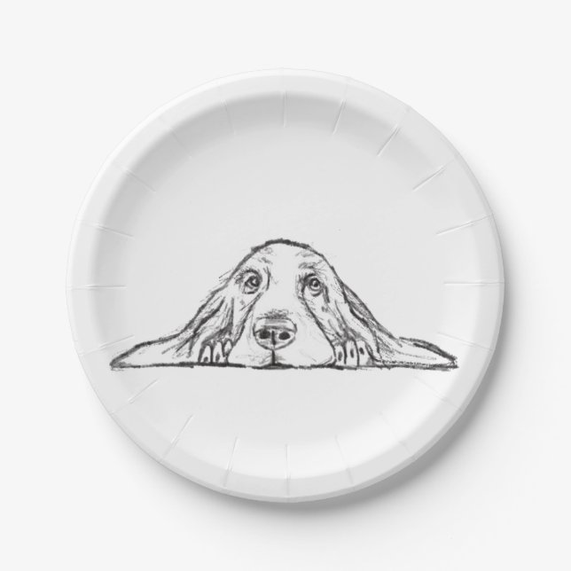 basset hound black white simple puppy dog eyes  paper plate (Front)