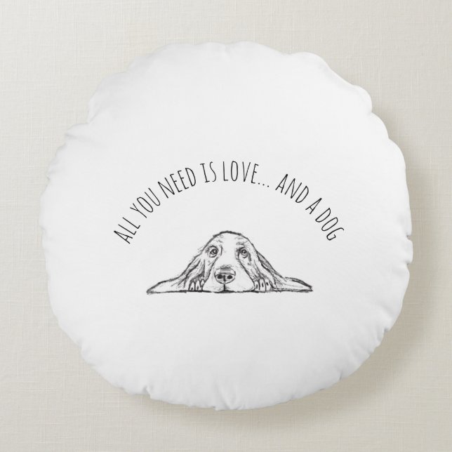 basset hound black white simple puppy dog eyes  round cushion (Front)