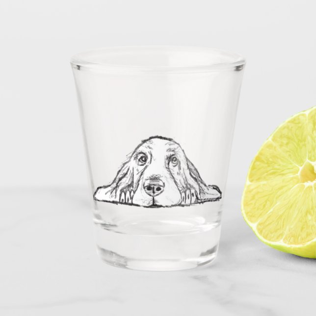 basset hound black white simple puppy dog eyes  shot glass (Front)