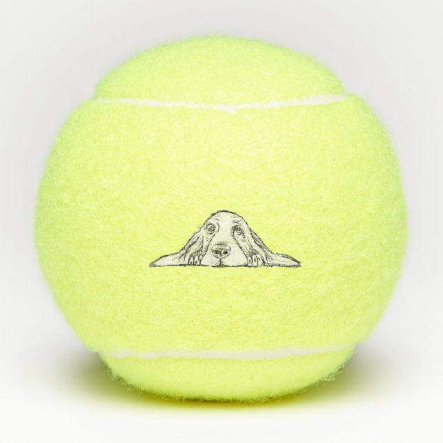 basset hound black white simple puppy dog eyes  tennis balls (Front)