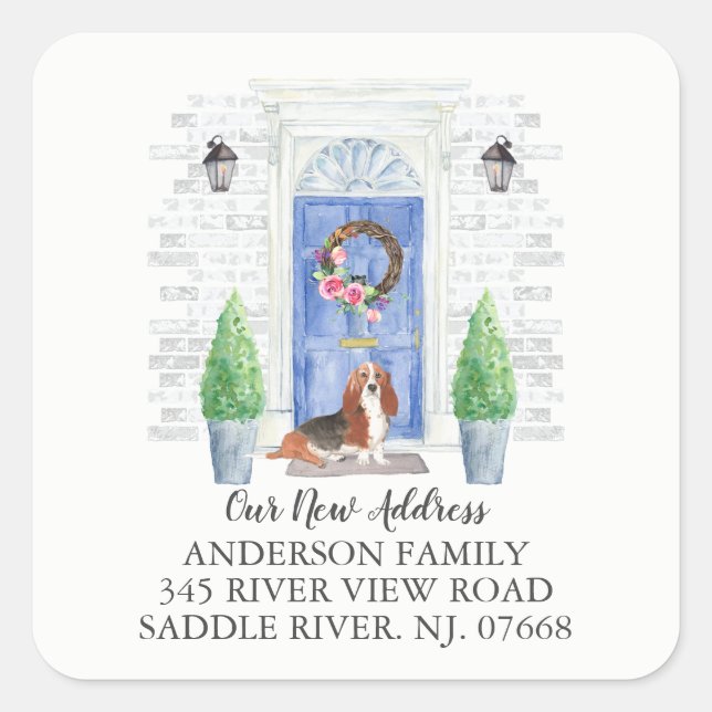 Basset Hound Blue Door New Address Label Sticker (Front)