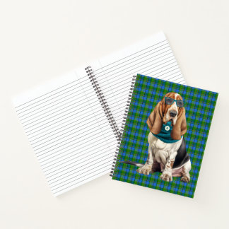 Basset Hound Blue Green Plaid Funny Monogrammed Notebook