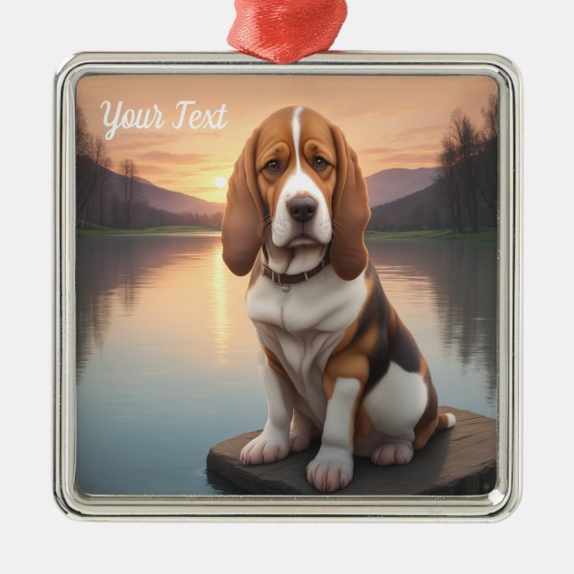 Basset Hound by Lake Metal Tree Decoration (Front)