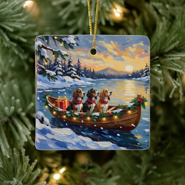 Basset Hound Christmas Boat Holiday Ceramic Ornament (Tree)