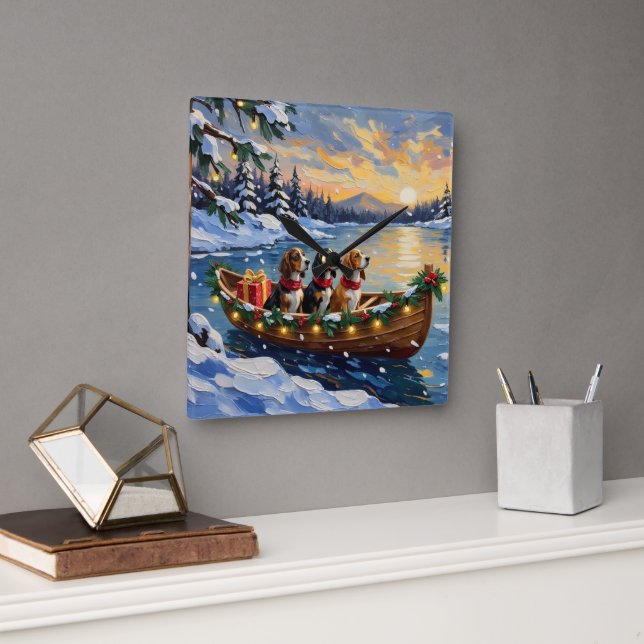 Basset Hound Christmas Boat Holiday Square Wall Clock (Office)