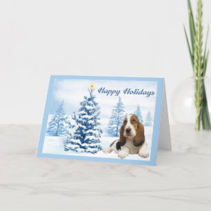 Basset Hound Christmas Card Blue Tree