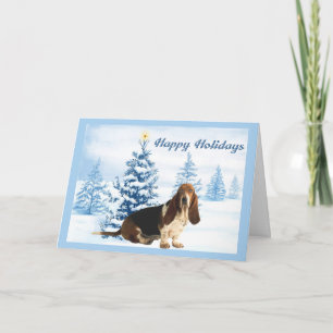 Basset Hound Christmas Card Blue Tree