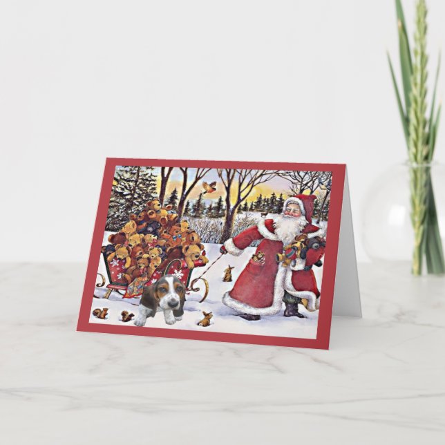 Basset Hound Christmas Card Santa Bears In Sleigh (Front)