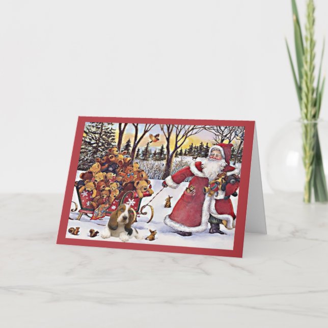 Basset Hound Christmas Card Santa Bears In Sleigh (Front)