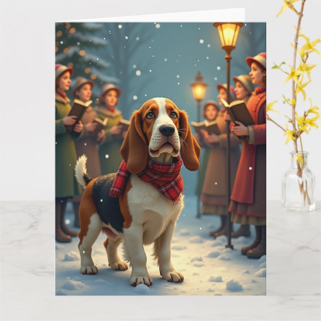 Basset Hound Christmas Carol Singers Painting Card (Yellow Flower)