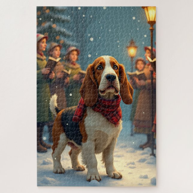 Basset Hound Christmas Carol Singers Painting Jigsaw Puzzle (Vertical)