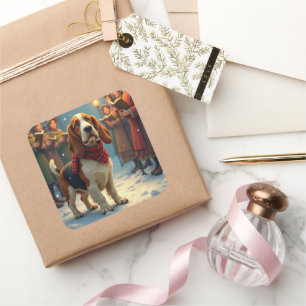 Basset Hound Christmas Carol Singers Painting Square Sticker