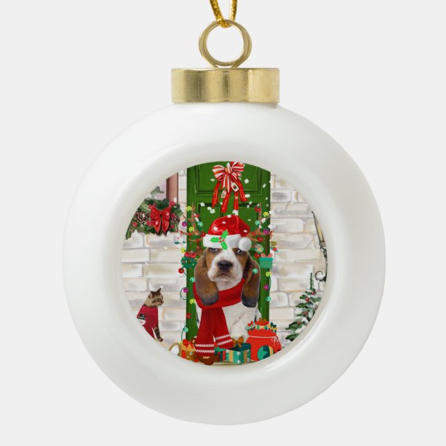 Basset Hound Christmas  Ceramic Ball Christmas Ornament (Front)