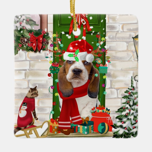 Basset Hound Christmas Ceramic Ornament (Front)