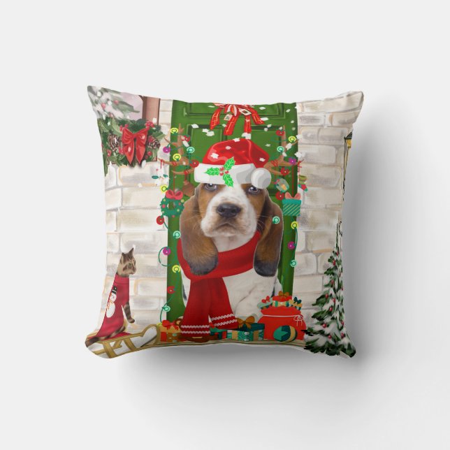Basset Hound Christmas  Cushion (Front)
